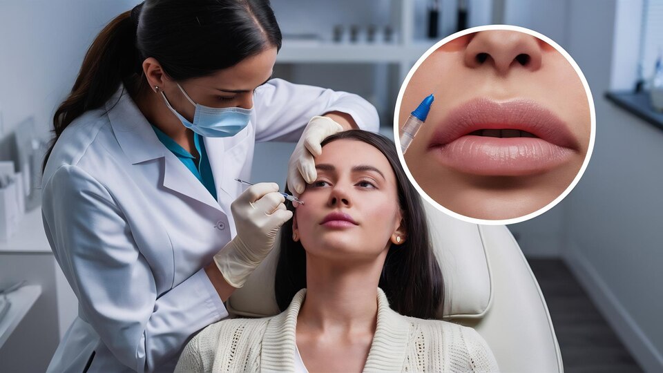 Professional cosmetologist injecting a dermal filler into the patient lips