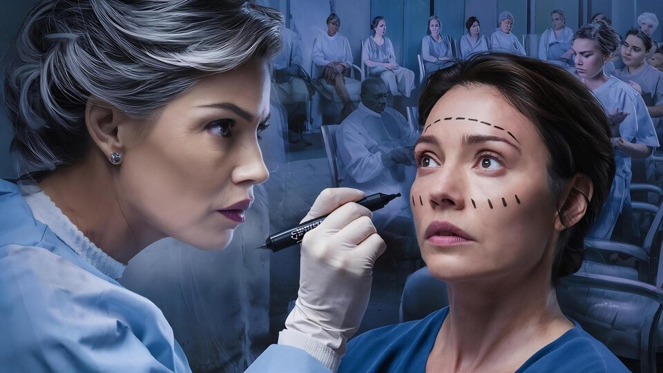 Plastic surgeon drawing dashed lines on her patients face